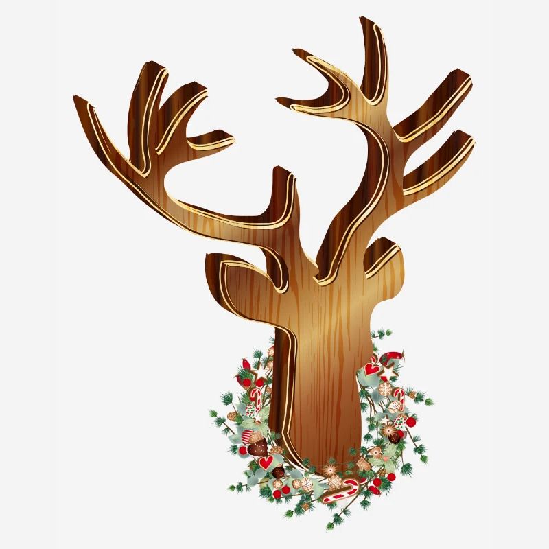 Hirschkopf in Holz Optik mit Weihnachtskranz