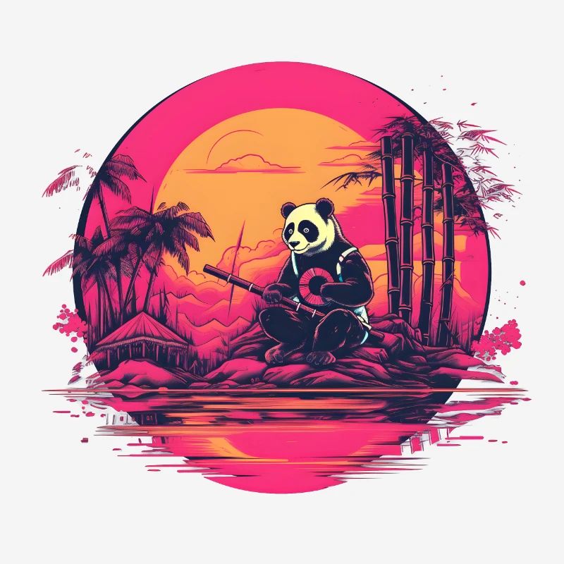 Synthwave Panda Japon Coucher de soleil