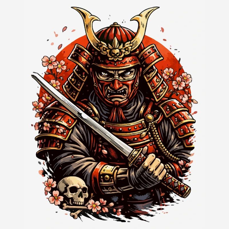 Samurai with cherry blossoms and skull