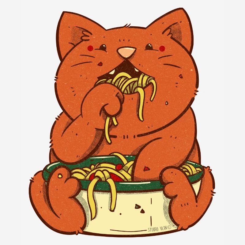 Red cat eats spaghetti