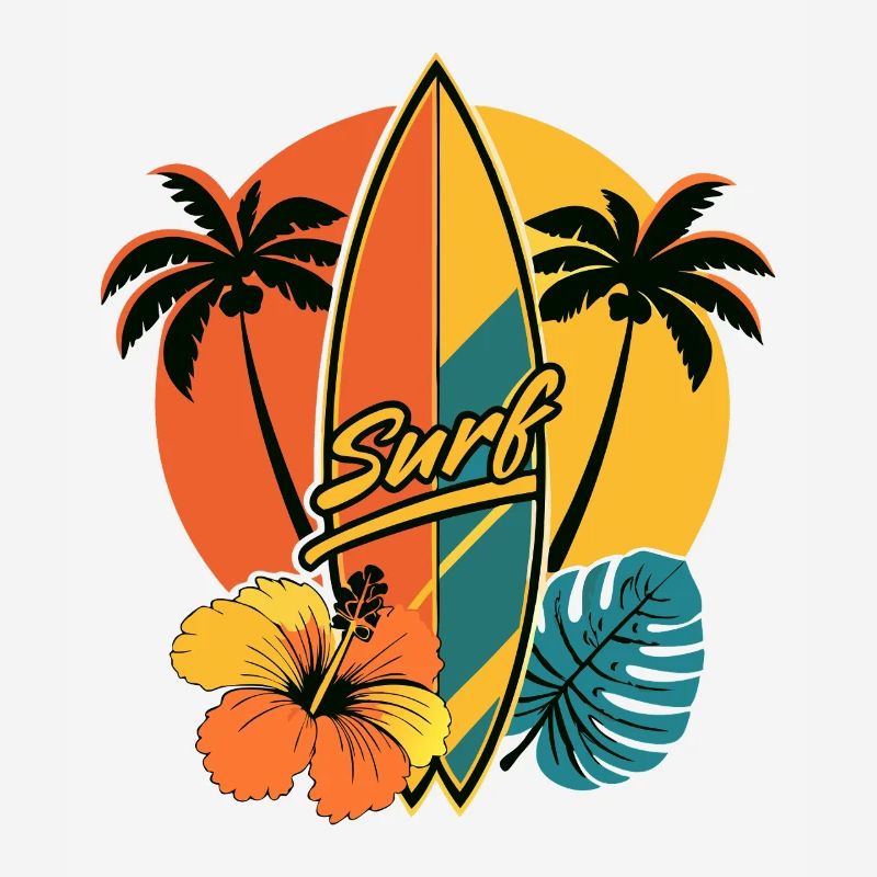 Planche de surf moderne rétro avec des feuilles tropicales surf