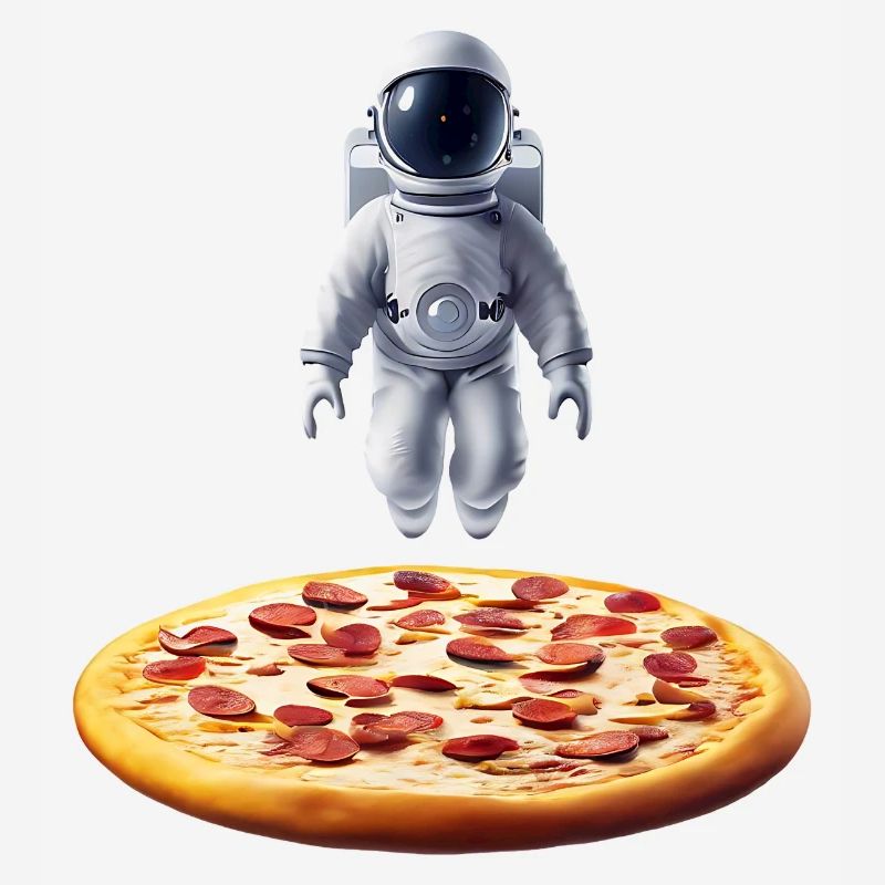 Hovering astronaut over pizza