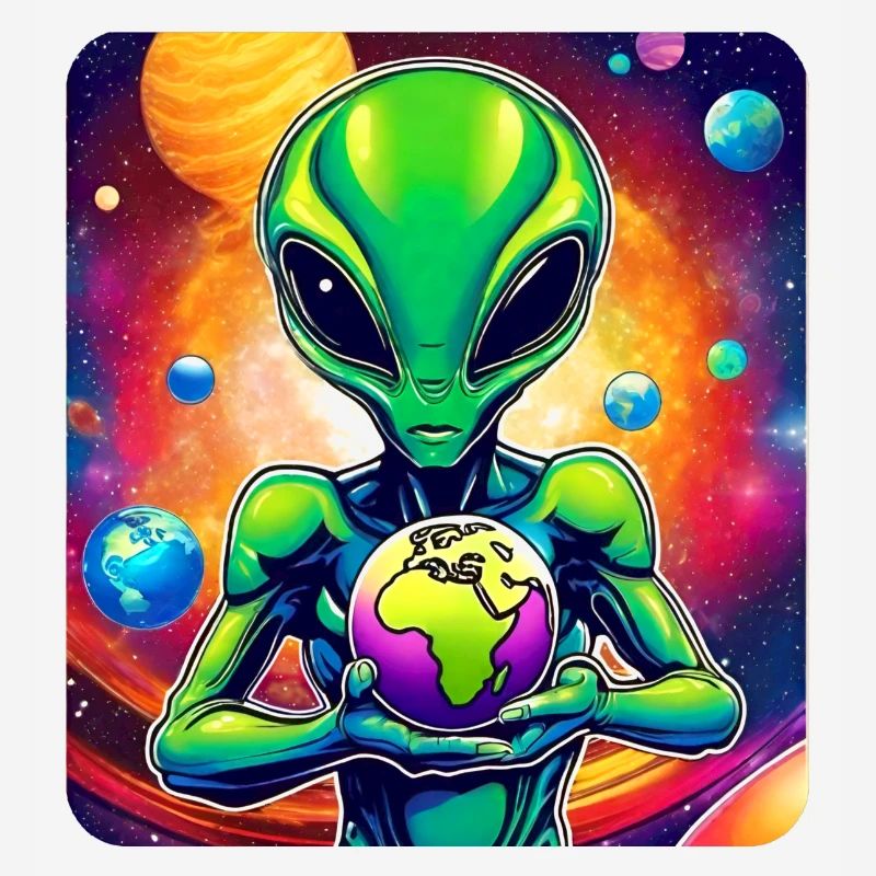 Cooler Alien mit Planet in den Händen