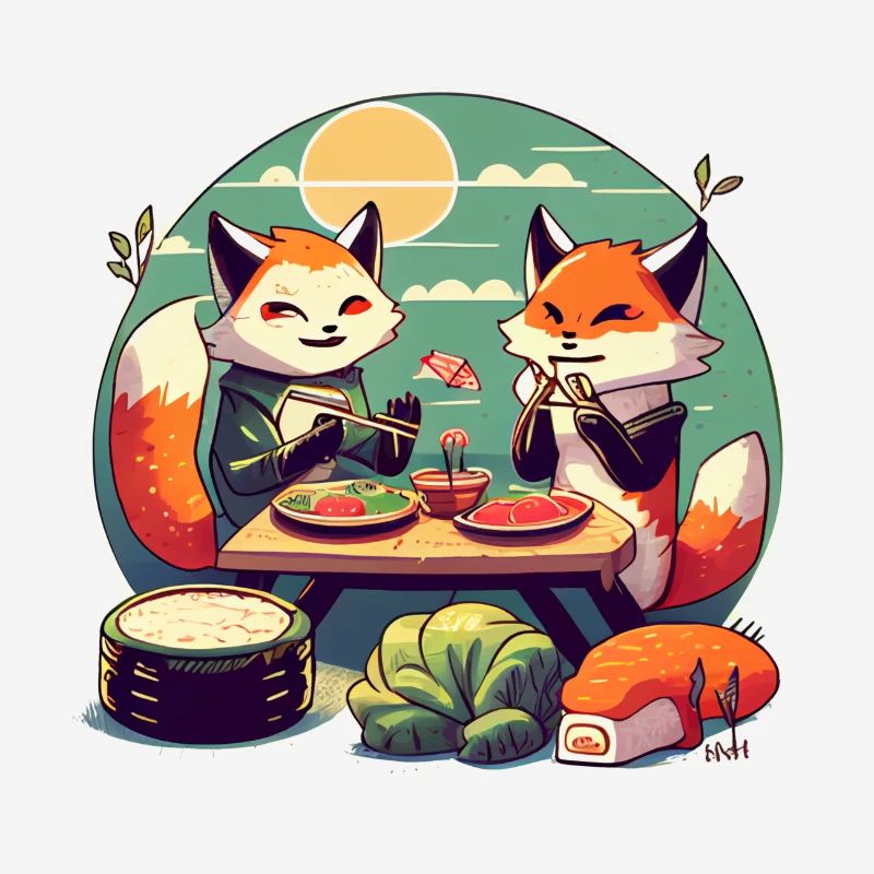 De mignons renards de dessins animés mangent des sushis ensemble