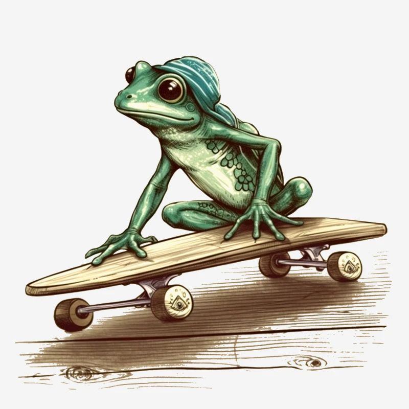 Cool frog with cap rides skateboard