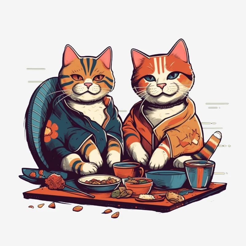 Les chats comiques mangent des sushis ensemble