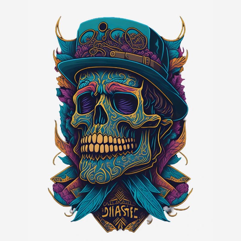 Skeleton Skull with Hat and Flowers Cool Comic