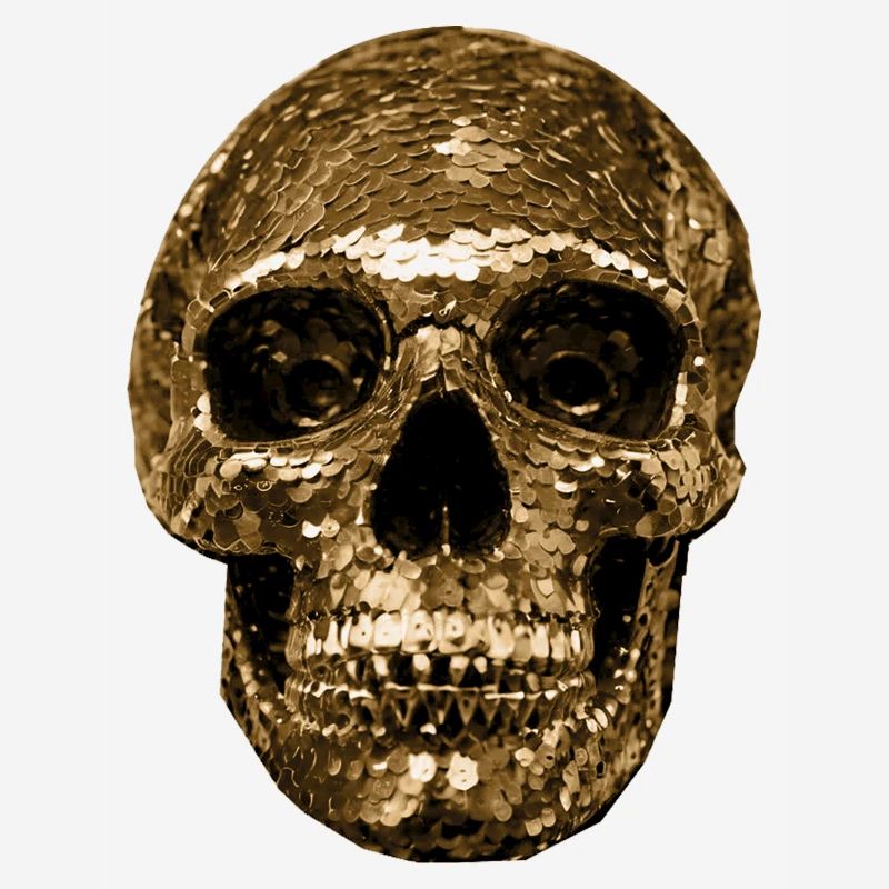 Skull,metallic,sequins,rivets,gold