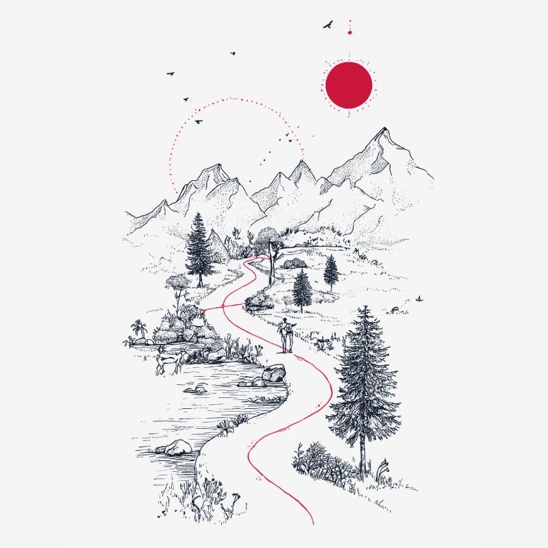 Red trail through mountain landscape