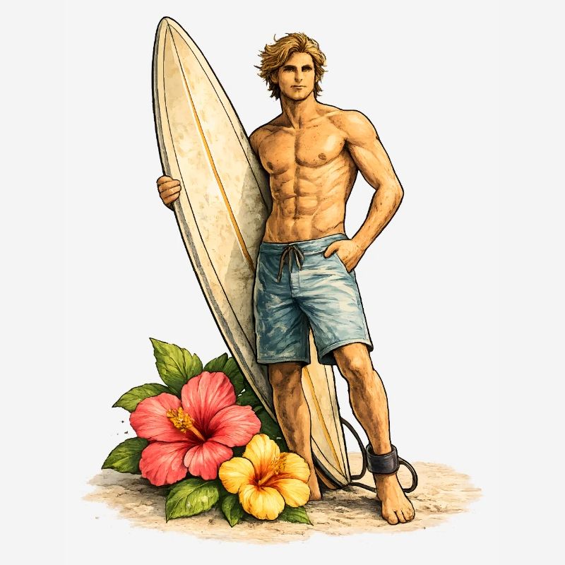 Surfer with board on tropical beach