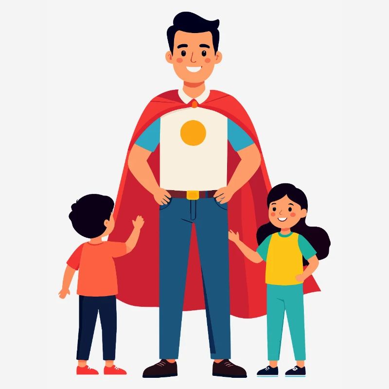 Erzieher Held oder Heldenvater mit Cape und Kinder