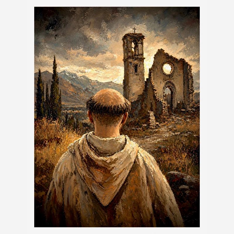 Moine devant les ruines au coucher du soleil