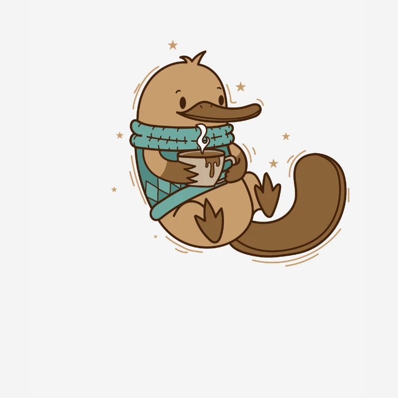 Schnabeltier im Winter mit Pullover und Kaffee