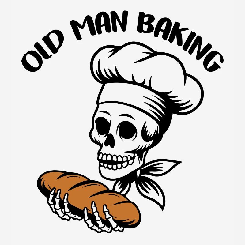 Funny Baker Skull with Bread. Old man bakes