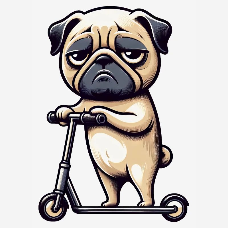 Pug Dog Scooter Grumpy Funny Comic