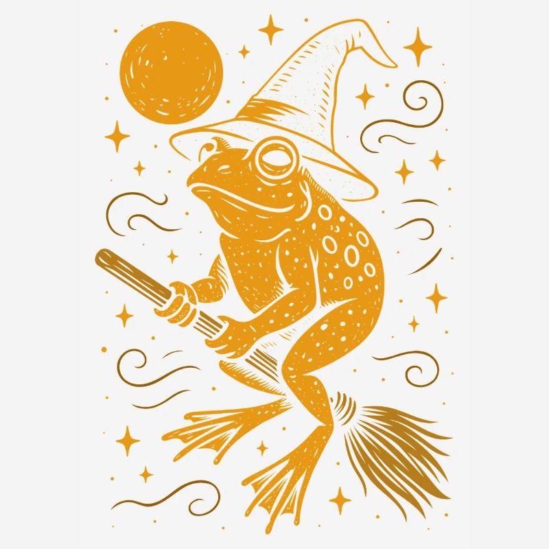Witch frog with hat on broom