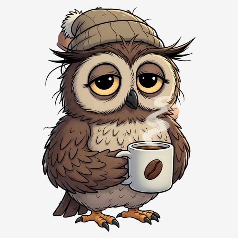 Verschlafene Eule Mit Kaffeetasse Cartoon
