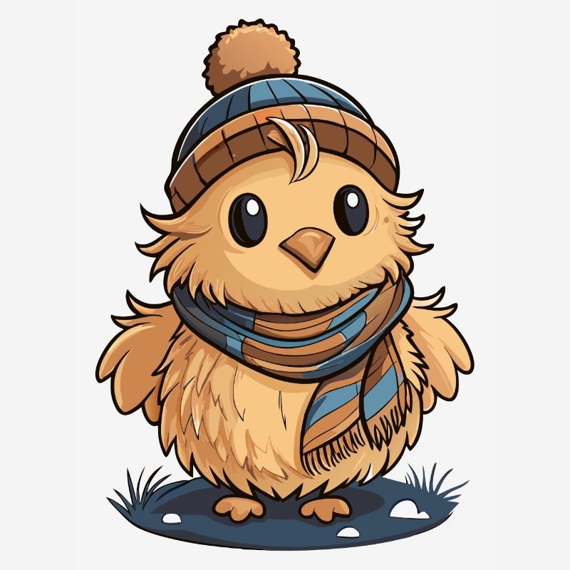 Mignon caneton avec écharpe et bonnet à pompon.