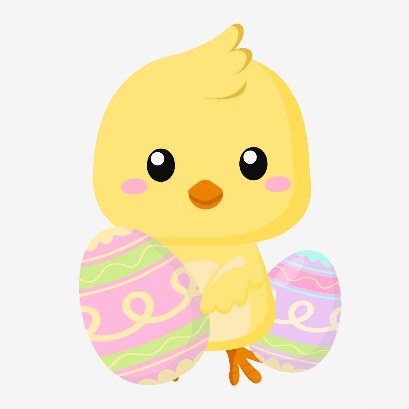 Cute little Easter chick with Easter eggs