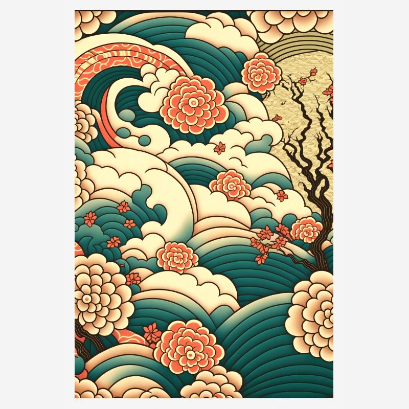 Wave Roses Ukiyo Clouds Pattern