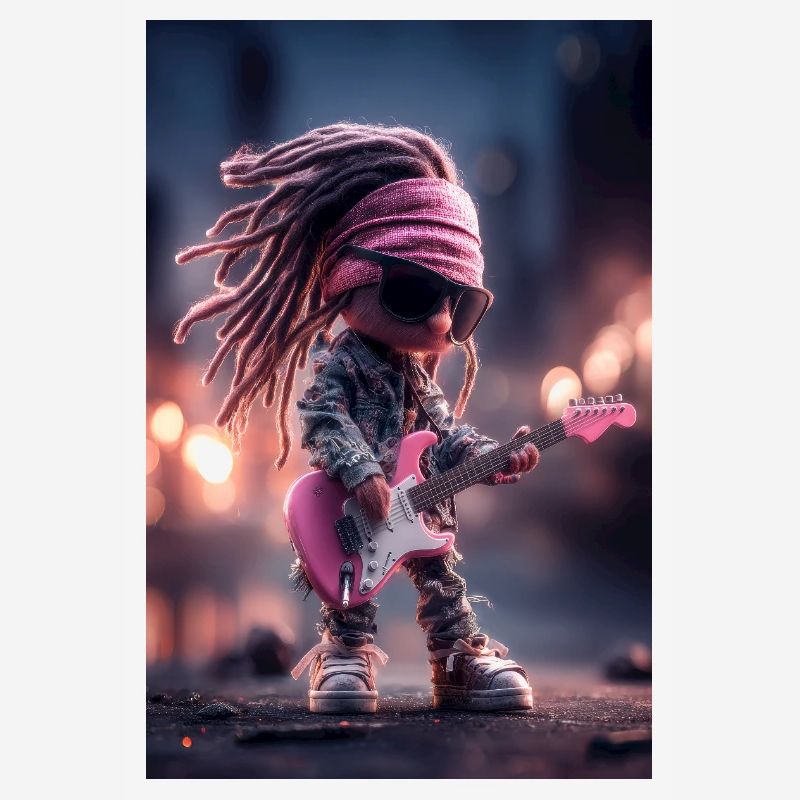Dreadlock Doll Rocker on Pink Guitar