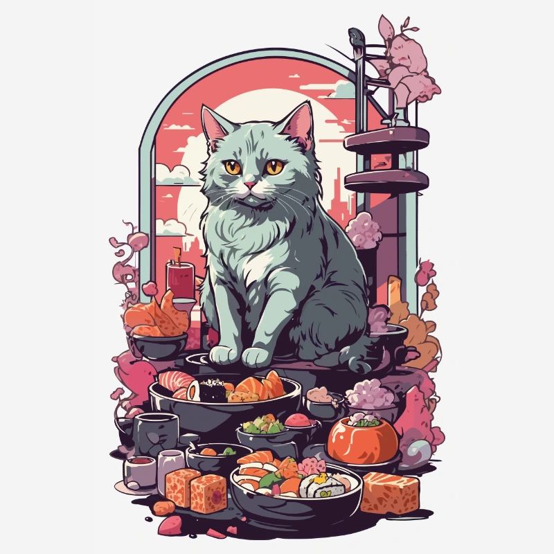 Retro Cat Sushi Sashimi Ukiyo-E Art Style