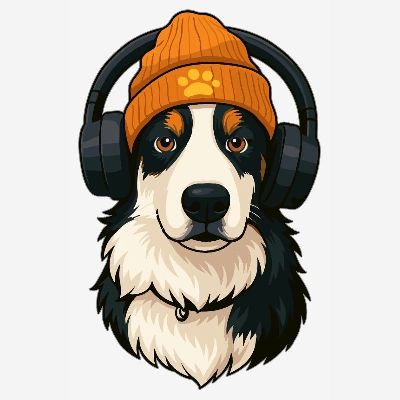 Cooler Australian Shepherd mit Mütze und Kopfhörer