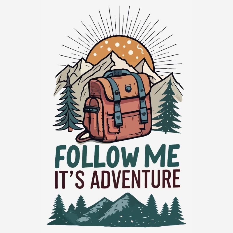 Backpack and mountains with adventure slogan