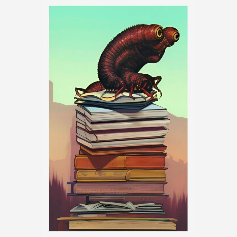Comic Cartoon Creepy Bookworm Book Stack