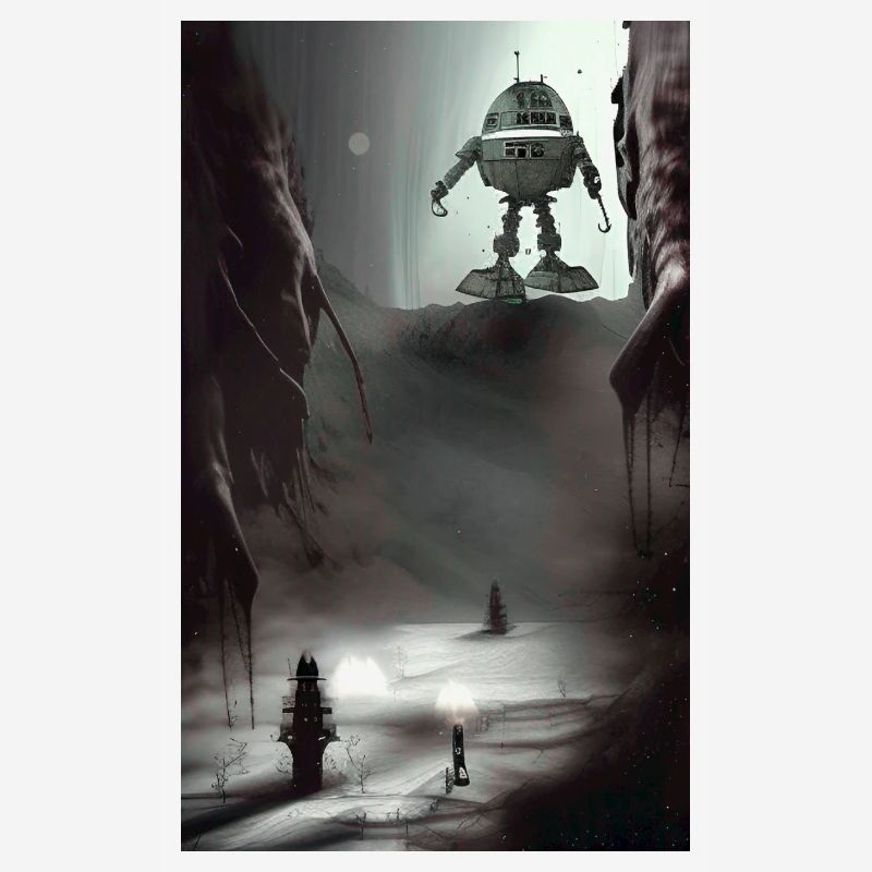 Creepy Comic robot spaceship Alien on a strange