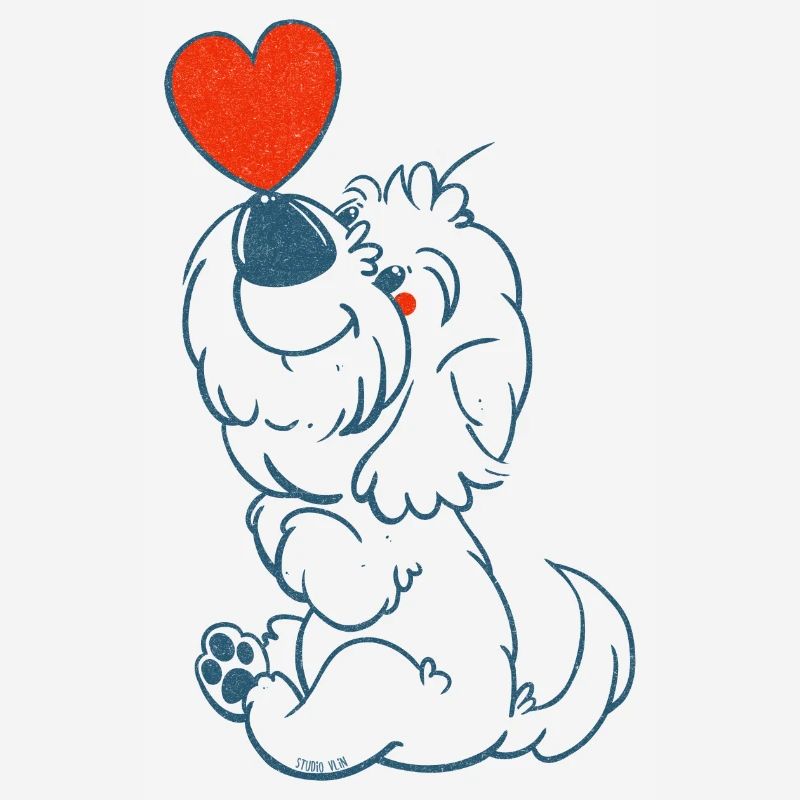 cockapoo Thor with heart in blue line drawing