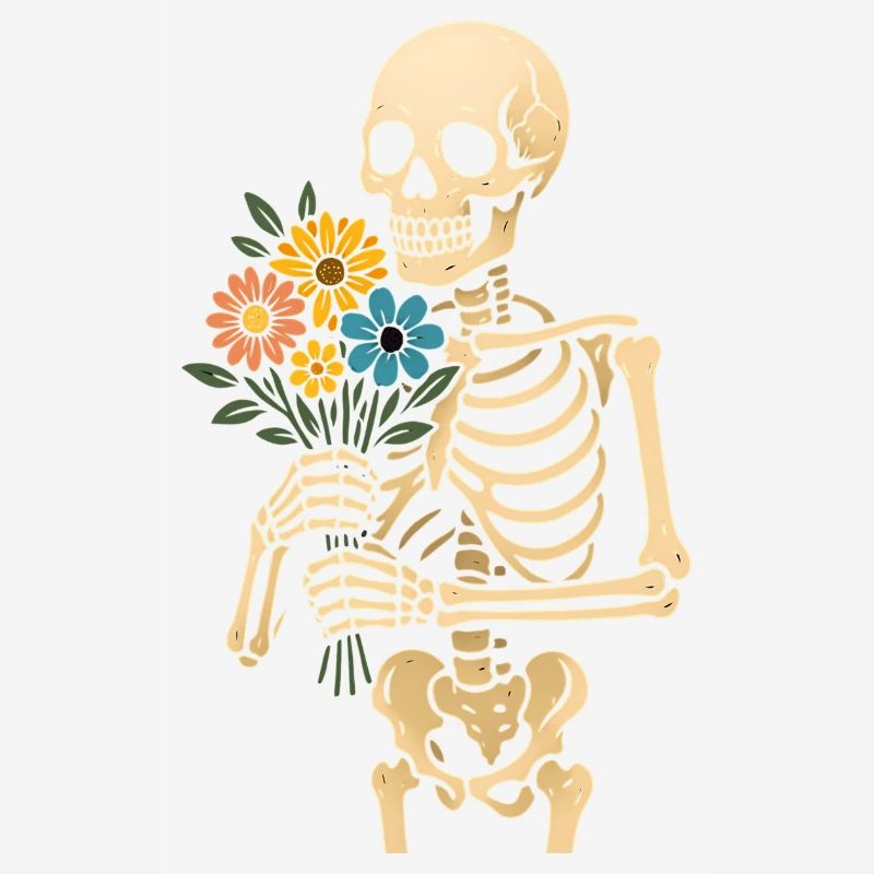 Squelette avec bouquet de fleurs