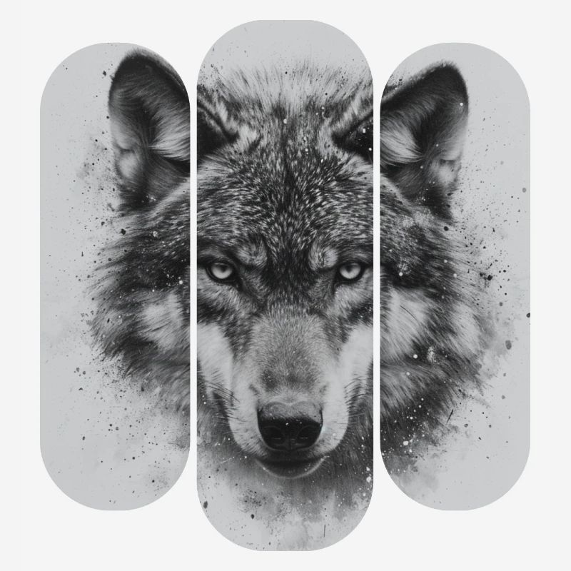 triptych Black and White Wolf