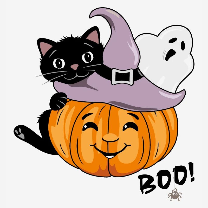 Smiling pumpkin with black cat and ghost