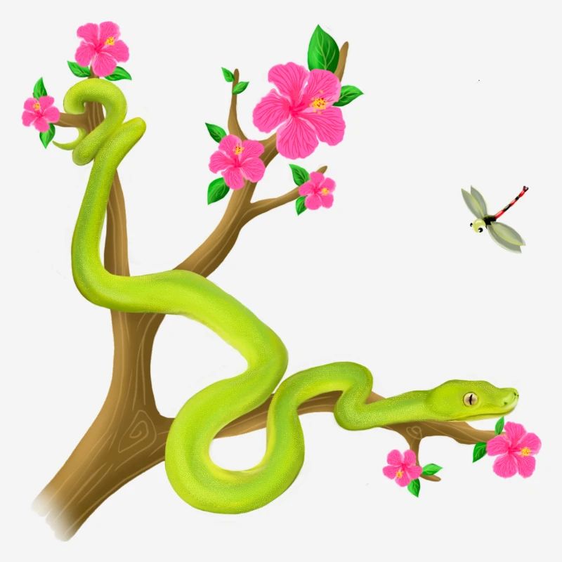 Le serpent Python vert sur l’arbre avec des fleurs