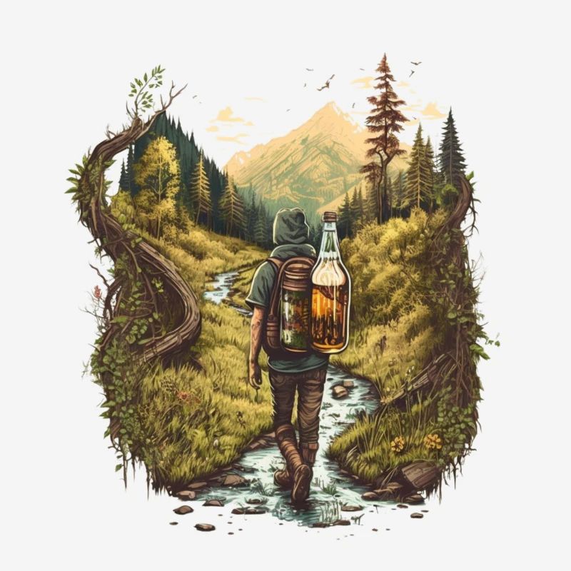 Wanderer am Fluss mit Bier im Rucksack