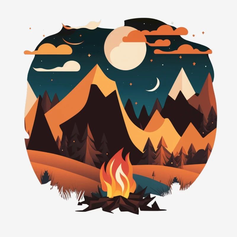 Camping by moonlight with campfire