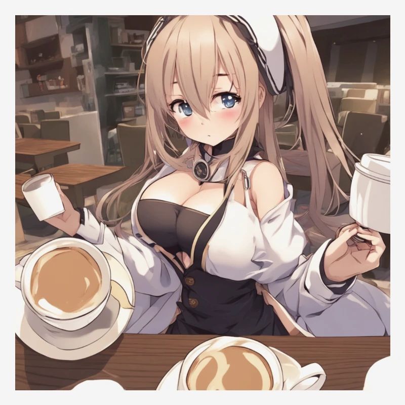 anime girl withe big boobs withe coffee