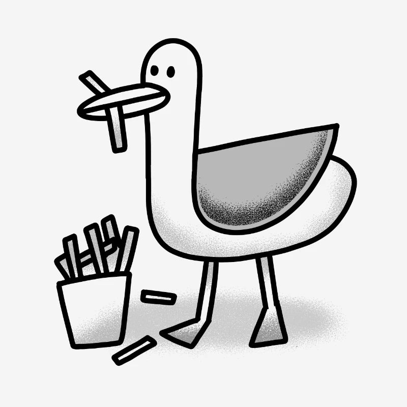 Möwe mit einem Chippy im Schnabel