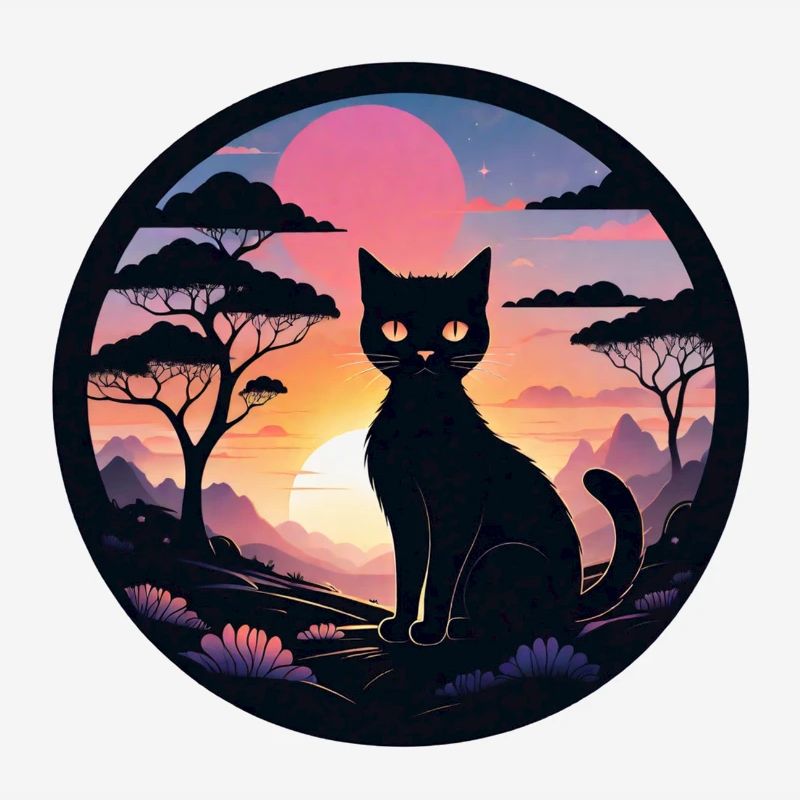 chat paysage et coucher de soleil