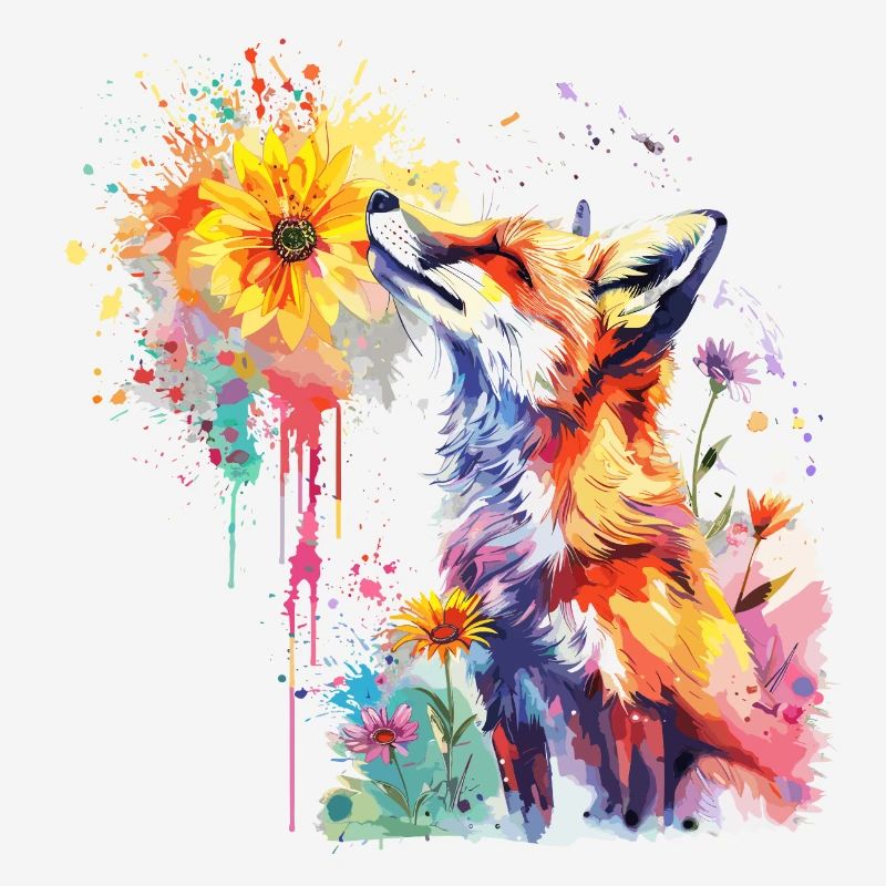Renard avec fleur aquarelle, Fox