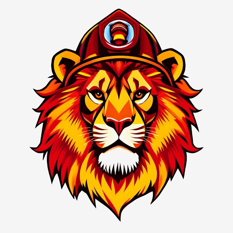Lion royal avec casque de pompier rouge