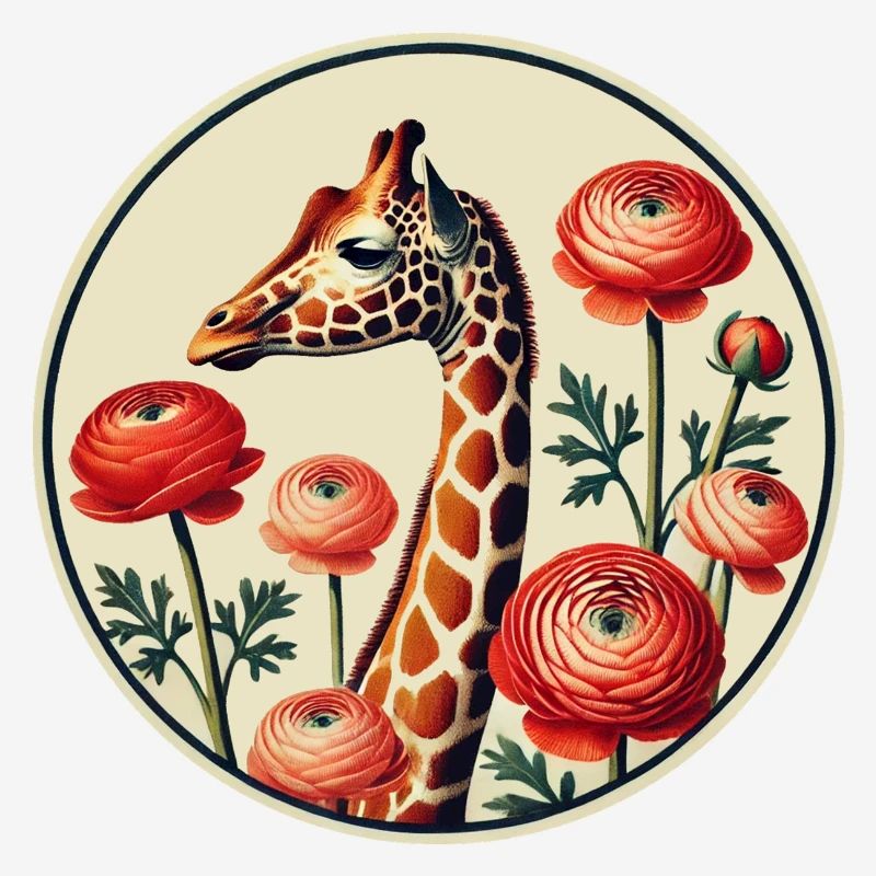 Vintage Giraffe with Ranunculus – Elegant Floral A