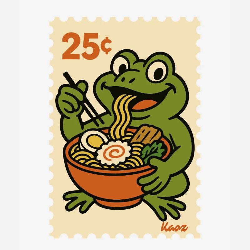 Happy frog with ramen on postage stamp