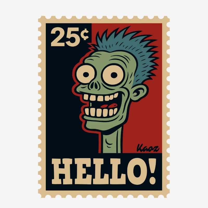 Comic zombie on postage stamp with "HELLO!"
