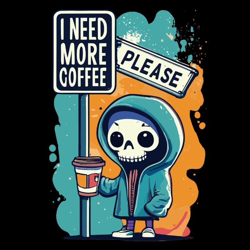 Skeleton Skull I NEED MORE COFFEE Coffee Saying