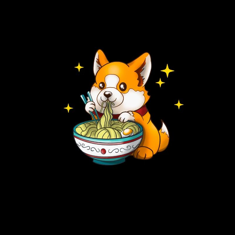 Cute Corgi Dog Eats Ramen Soup