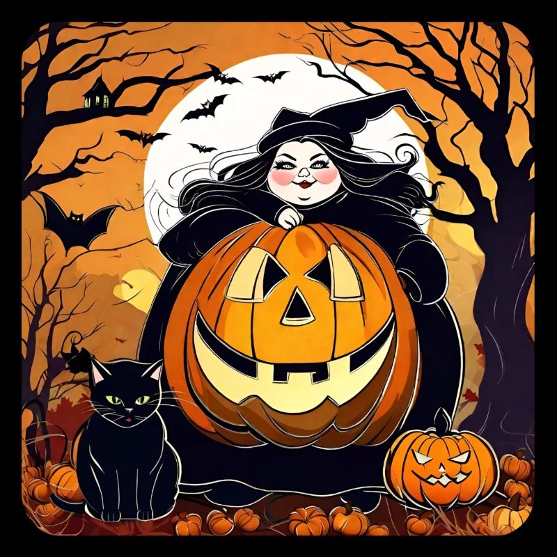 Sorcière au chat noir et jack-o'-lantern