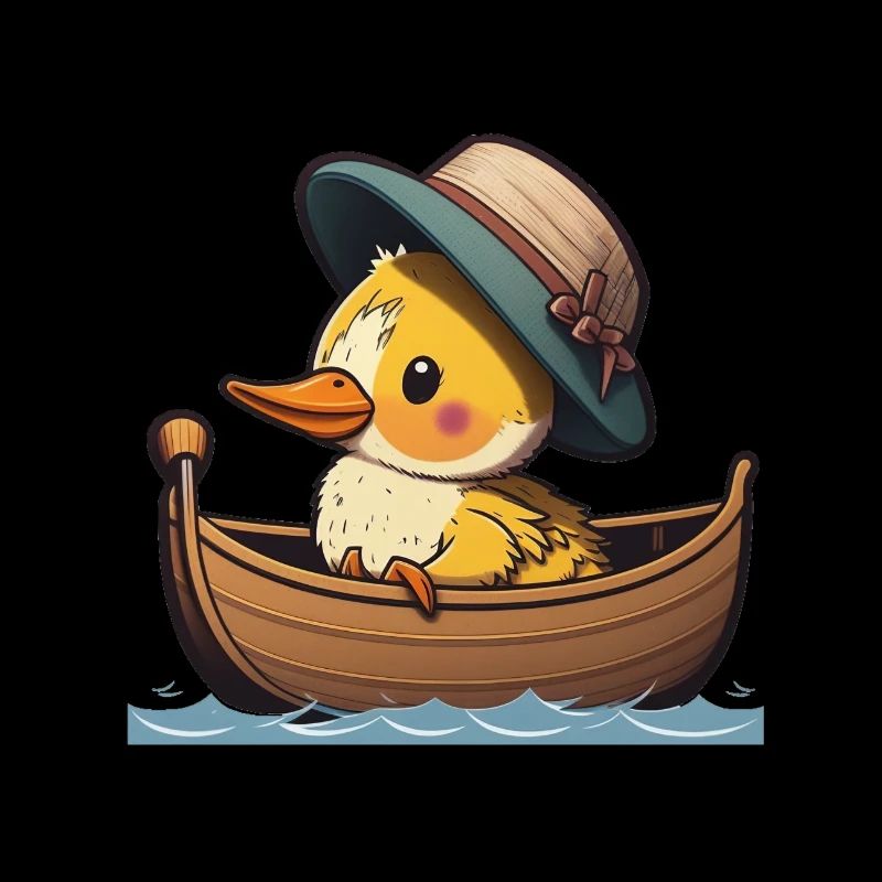 Canard mignon en bateau à rames avec chapeau d’été et fleur