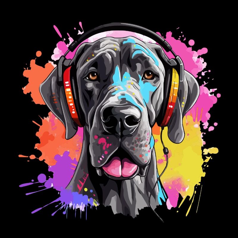Bunte Deutsche Dogge mit Kopfhörer